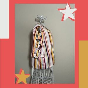 large iz byer multi colored striped shirt with crossed sleeves